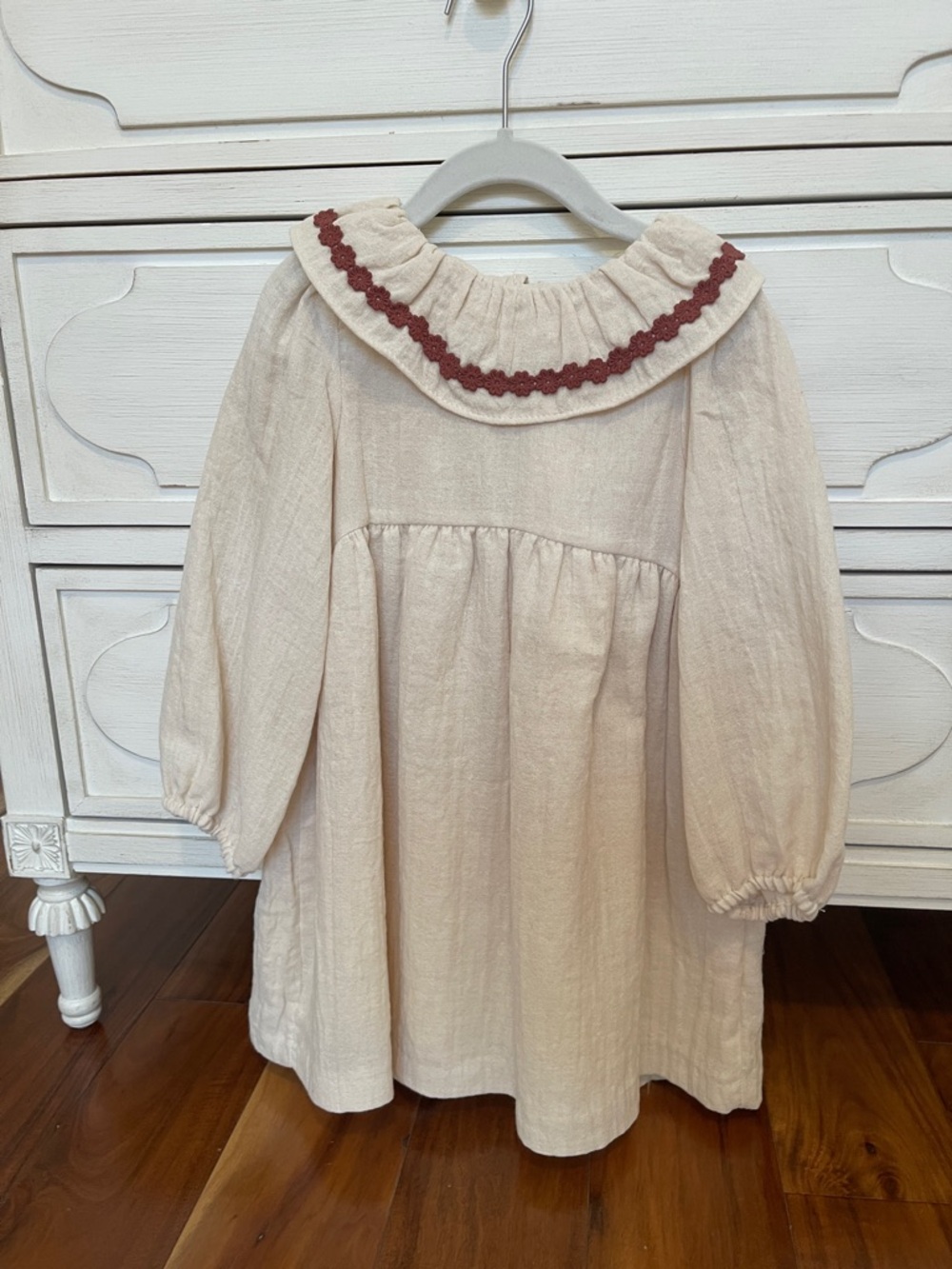 Zara Cream Girls' Ruffle Collar Dress with Rust Trim